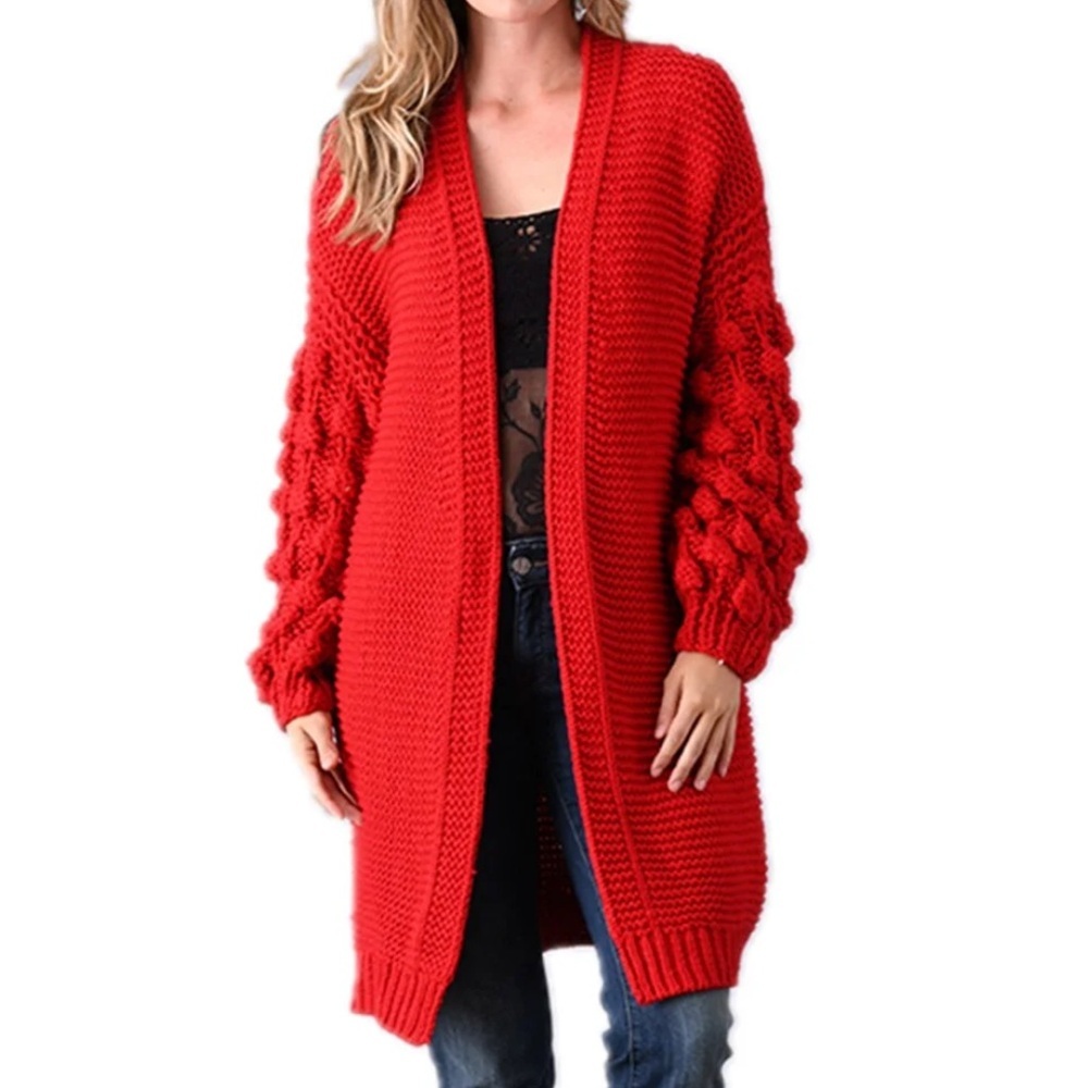 Simply Couture Red Chunky Knit Long Cardigan Sweater Bubble Sleeves